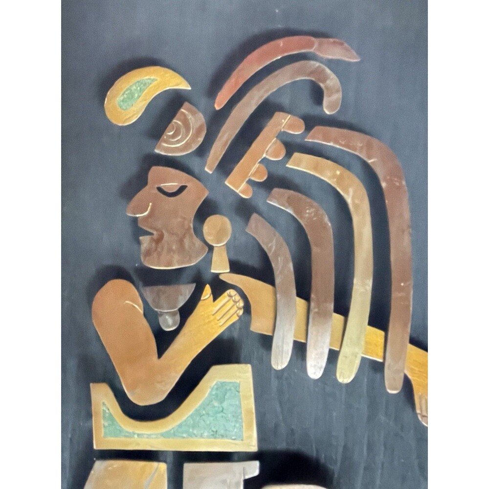 Aztec Mayan Warrior Copper Brass Turquoise Mixed Metal Wall Plaque 9" - Picture 2 of 7